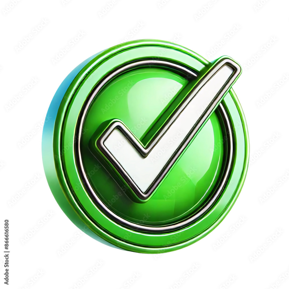 A vibrant green check mark enclosed within a circular border, both featuring a glossy finish, on a transparent background