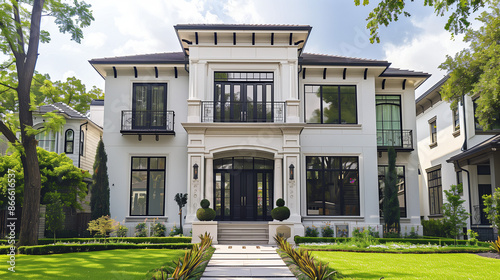 Luxury French Style House with Garden (Neoclassic Style). Architecture Exterior with Windows. Residential Building (one family). Real Estate. Suburban Residence.   