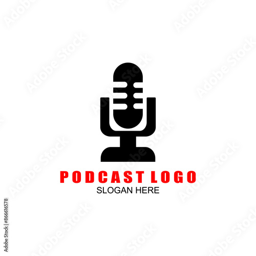 Podcast with microphone. Unique business podcast logo emblem design template.