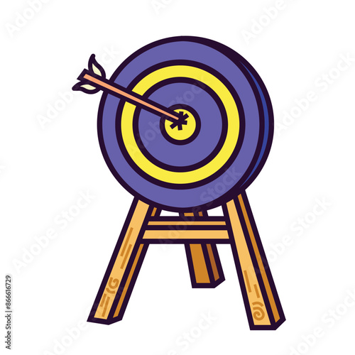 Blue and yellow wooden target stand with bullseye arrow colorful icon illustration with outline isolated on square white background. Simple flat cartoon art styled drawing. photo