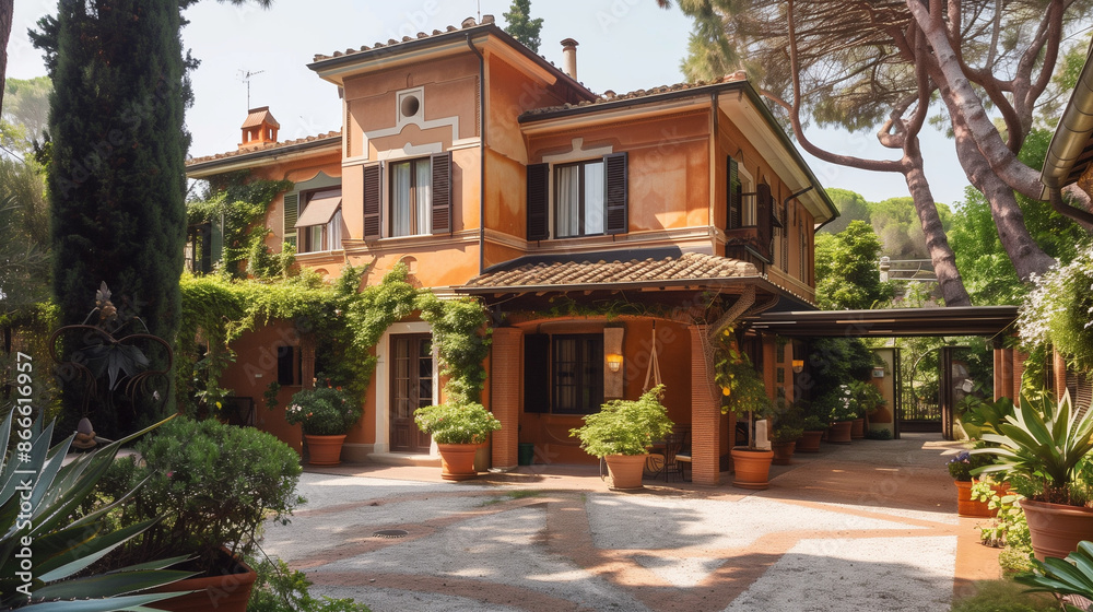 Italian House with Garden. Architecture Exterior with Windows. Residential Building (one family). Real Estate. Suburban Residence. Rome, Italy Italian House with Garden. Architecture Exterior with Windows. Residential Building (one family). Real Estate. Suburban Residence. Rome, Italy
