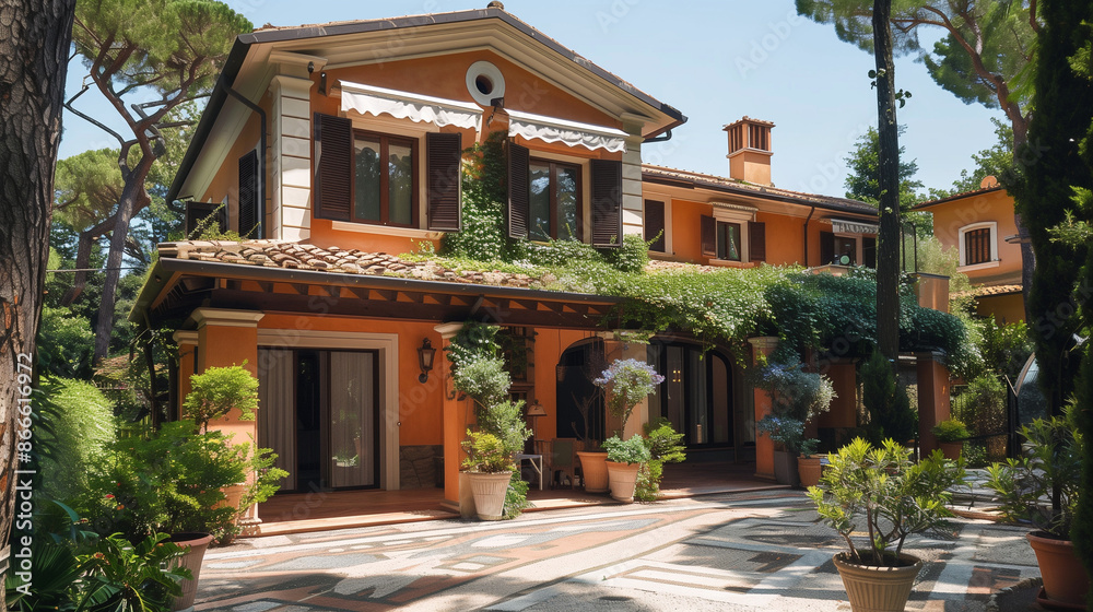 Italian House with Garden. Architecture Exterior with Windows. Residential Building (one family). Real Estate. Suburban Residence. Rome, Italy Italian House with Garden. Architecture Exterior with Windows. Residential Building (one family). Real Estate. Suburban Residence. Rome, Italy