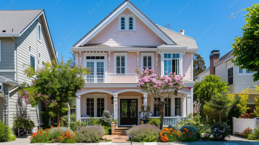 Fototapeta premium Idyllic Pink House with Garden. Architecture Exterior with Windows. Residential Building (one family). Real Estate. Suburban Residence. 