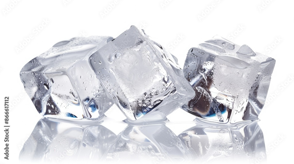 Close-up of three pristine ice cubes isolated on white, emphasizing their role in enhancing the freshness of drinks Close-up of three pristine ice cubes isolated on white, emphasizing their role in enhancing the freshness of drinks