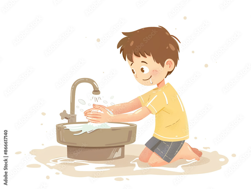 Child washes hands of art illustration, AI generated Child washes hands of art illustration, AI generated