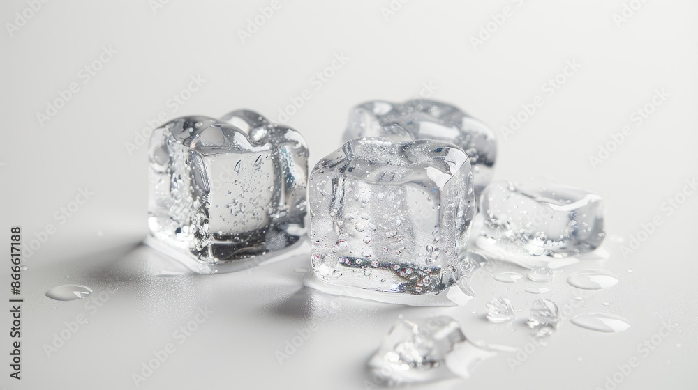 Close-up of three pristine ice cubes on a white background, emphasizing their purity and cooling properties Close-up of three pristine ice cubes on a white background, emphasizing their purity and cooling properties