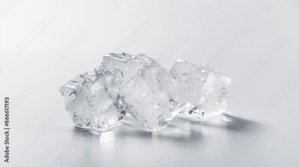 Close-up of three refreshing ice cubes isolated on a pristine white background, ready to cool your favorite beverages Close-up of three refreshing ice cubes isolated on a pristine white background, ready to cool your favorite beverages
