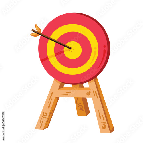 Red and yellow colored wooden target stand with bullseye arrow illustration isolated on square white background. Simple flat cartoon art styled drawing.