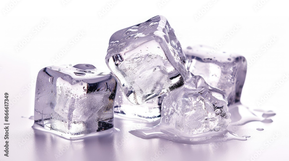 Obraz premium Close-up view of three crystal-clear ice cubes isolated on a white background, ready to chill your drinks