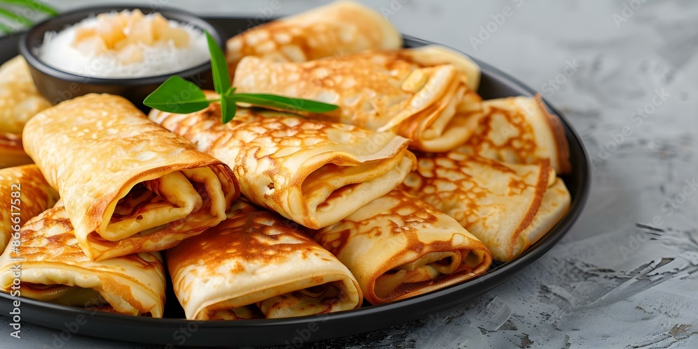 Pandan Pancakes with Coconut and Palm Sugar Filling. Concept Food Photography, Pandan Desserts, Coconut Recipes, Southeast Asian Cuisine, Sweet Treats Pandan Pancakes with Coconut and Palm Sugar Filling. Concept Food Photography, Pandan Desserts, Coconut Recipes, Southeast Asian Cuisine, Sweet Treats