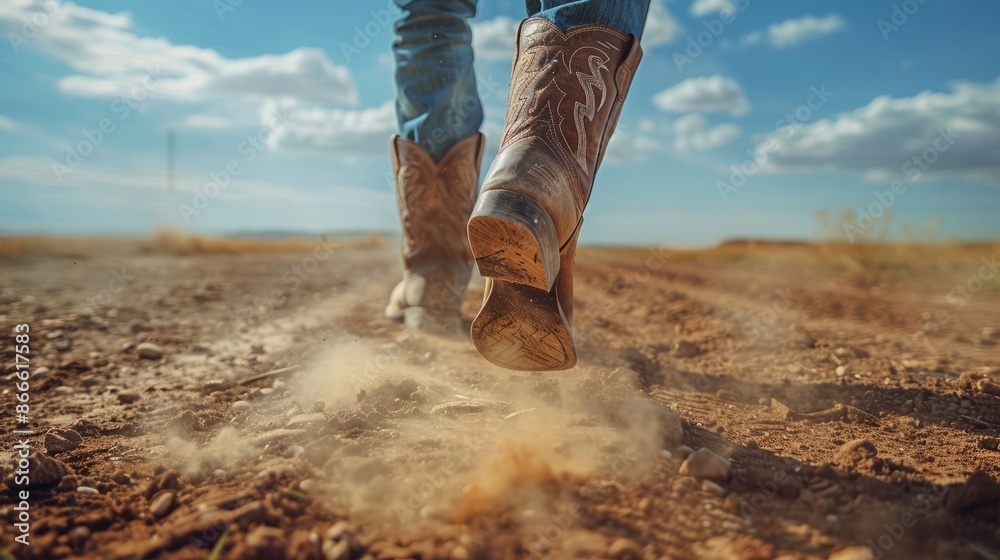 Close-up of boots walking on dusty ground in rural area