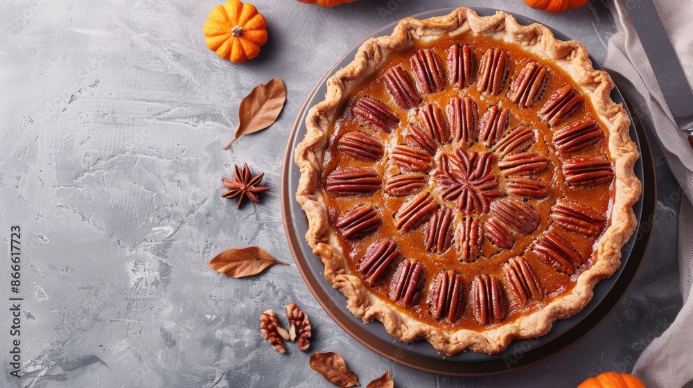 Homemade Thanksgiving Pecan Cinnamon Pumpkin Pie on Gray Background Homemade Thanksgiving Pecan Cinnamon Pumpkin Pie on Gray Background