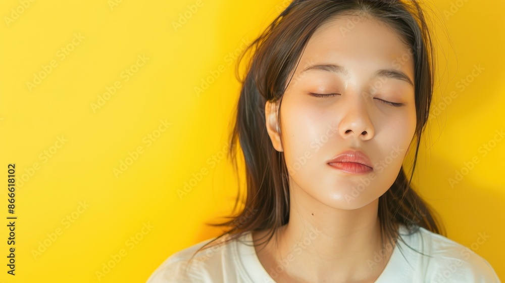 Tired Asian Woman in her 30s against Vibrant Yellow Background under Clear Light, Concept of Fatigue and Exhaustion Tired Asian Woman in her 30s against Vibrant Yellow Background under Clear Light, Concept of Fatigue and Exhaustion