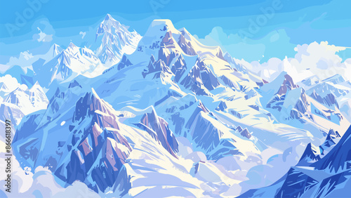 Mountain Landscape Snowy Peaks of Mountains Cartoon Background Majestic Hills Scenic View Serene Nature Adventure Illustration Alpine Wilderness Stunning Horizon Snowcapped Summit