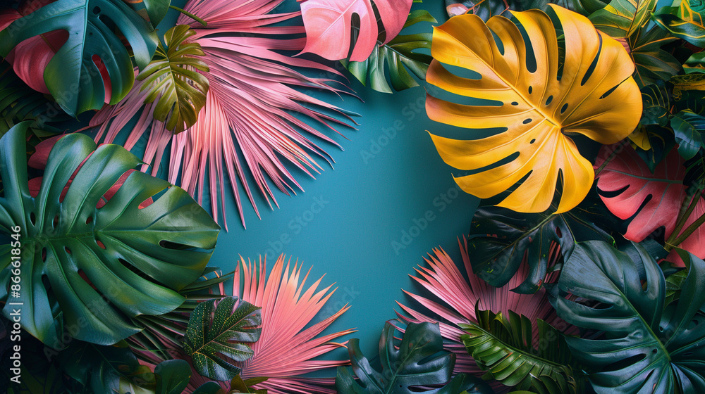 Naklejka premium Tropical Palm leaves. Summer exotic frame blue background with place for text