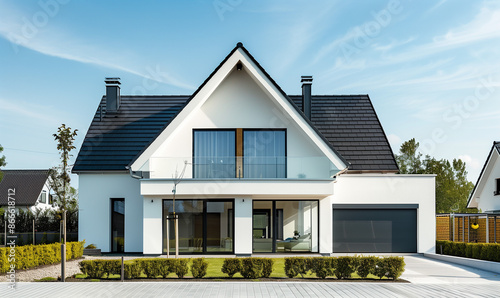 Two Story Modern House with Garden. Architecture Exterior with Windows. Residential Building (one family). Real Estate. Suburban Residence. Germany / Poland style