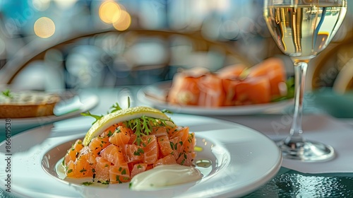 Wallpaper Mural Fine dining experience with raw salmon tartare garnished with lemon and paired with toast sauce and a glass of white wine in a beautifully blurred restaurant scene Torontodigital.ca