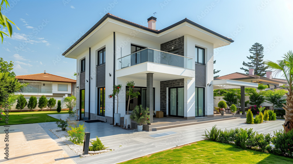 Modern House with Garden (Turkish style, Istanbul). Architecture Exterior with Windows. Residential Building (one family). Real Estate. Suburban Residence. Modern House with Garden (Turkish style, Istanbul). Architecture Exterior with Windows. Residential Building (one family). Real Estate. Suburban Residence.