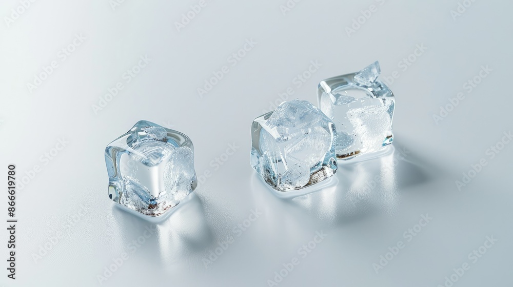 Group of three pristine ice cubes isolated on a white background, emphasizing their clarity and freshness