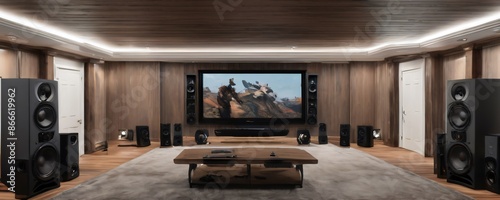 Big dolby surround system in living room. Extremely detailed and realistic high resolution illustration