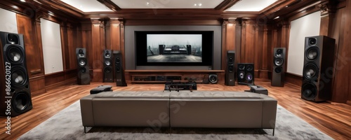 Big dolby surround system in living room. Extremely detailed and realistic high resolution illustration