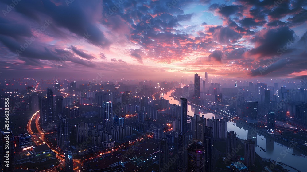 Obraz premium Sunset Over City Skyline with Time Clouds