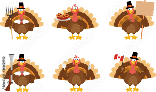Happy Thanksgiving Turkey Bird Cartoon Character. Vector Flat Design Collection Set Isolated On Transparent Background