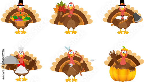 Happy Thanksgiving Turkey Bird Cartoon Character. Vector Flat Design Collection Set Isolated On Transparent Background