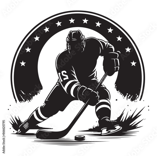 Ice Hockey player silhouette isolated on white background.