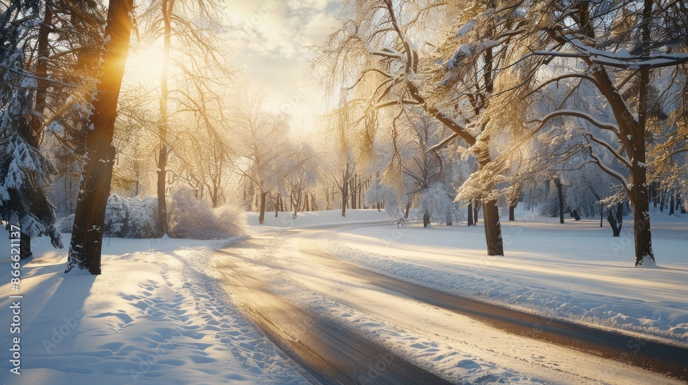 Idyllic winter road winding through a sunlit park landscape adorned with snow and sunlight