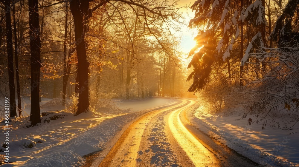 Idyllic winter road winding through a sunlit park landscape adorned with snow and sunlight