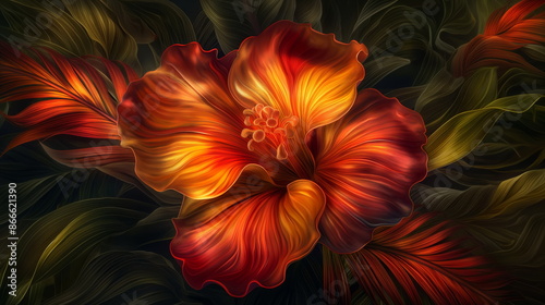 Mesmerizing exotic flower in full bloom, with its vivid, vibrant petals unfurling gracefully. Colors range from deep crimson to bright orange, blending seamlessly to create an eye catching gradient