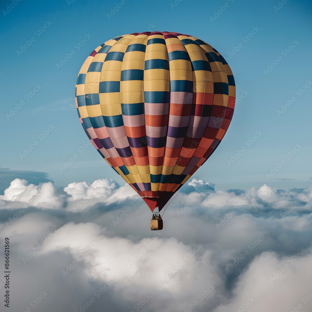 Fototapeta premium Hot air balloon with multicolored pattern floats above clouds For Social Media Post Size