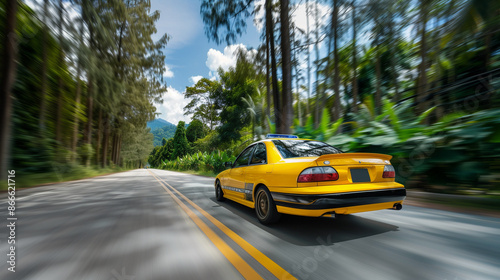 Yellow car driving on a scenic road through a forest. © connel_design