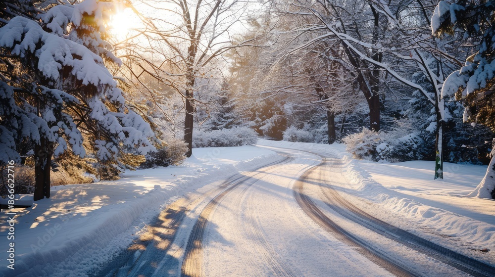 Picturesque snowy road winding through a sunlit park, capturing the essence of winter beauty Picturesque snowy road winding through a sunlit park, capturing the essence of winter beauty
