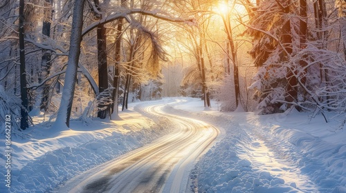 Picturesque snowy road winding through a sunlit park, capturing the essence of winter beauty © chanidapa