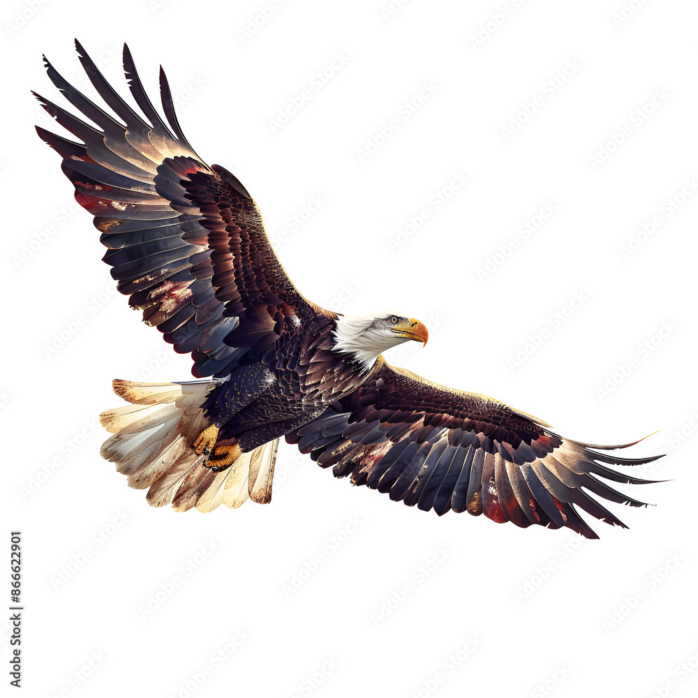 Obraz premium A soaring American Eagle isolated on white background closeup clipping path