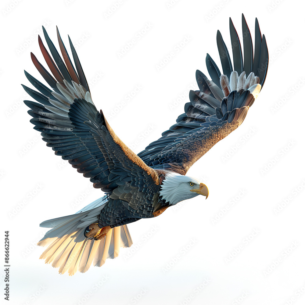 Obraz premium A soaring American Eagle isolated on white background closeup clipping path