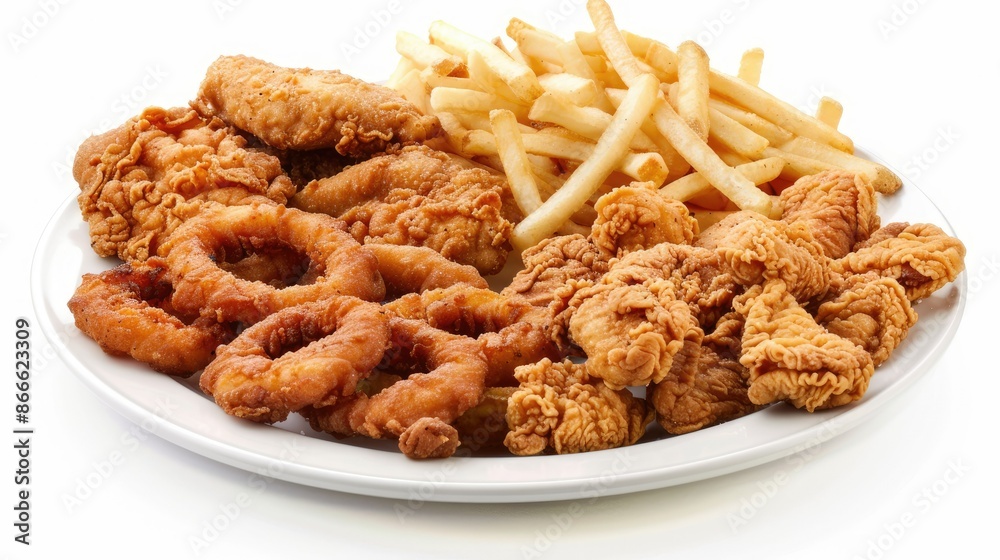 Plate of crispy onion rings, golden fries, chicken nuggets, and fried chicken, isolated against a white background Plate of crispy onion rings, golden fries, chicken nuggets, and fried chicken, isolated against a white background