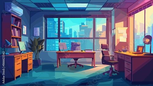 Office Background. Game Style Cartoon Illustration. Corporate Workspace Scene. Business Interior Design. Vector Cartoon Office Environment. Creative Workspace Concept
