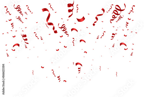 Red confetti party celebration abstract background. Falling shiny red confetti isolated on white background