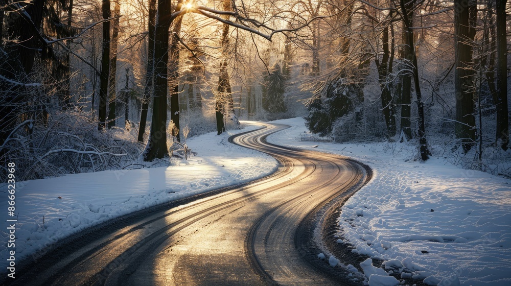 Scenic view of a winding winter road in a sunlit park, showcasing the peacefulness of the season Scenic view of a winding winter road in a sunlit park, showcasing the peacefulness of the season