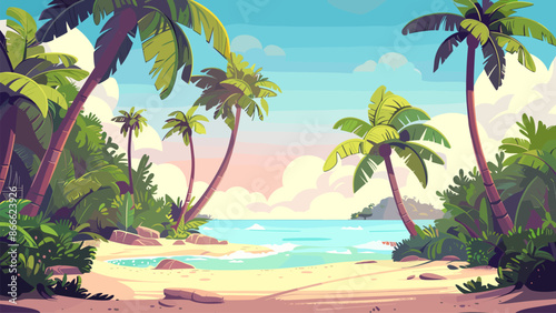 Palm Grove on a Tropical Island Game Style Cartoon Illustration Landscape Coconut Trees Exotic Island Tropical Paradise Sunny Day Beach Scene Relaxing Vacation Scenery Seaside