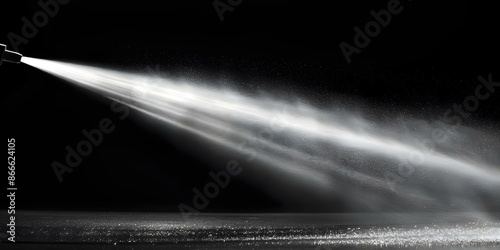 Monochrome photo of water vapor spray from atomizer nozzle. Concept Monochrome Photography, Water Vapor, Atomizer Nozzle, Spray Effect, Moisture Photography photo