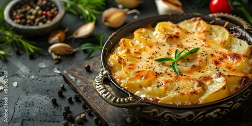 Layers of Potatoes Baked in Creamy Cheese Sauce French Gratin Dauphinois. Concept Potatoes, Cheese, Creamy, Gratin Dauphinois, Baked photo