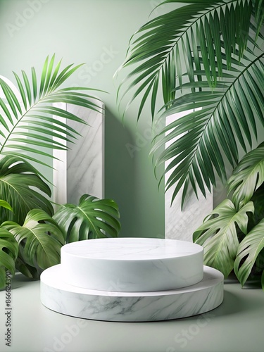 Modern Marble Centerpiece on a White Surface with Greenery. This image showcases a serene and minimalist composition, featuring lush green palm leaves against a white backdrop.