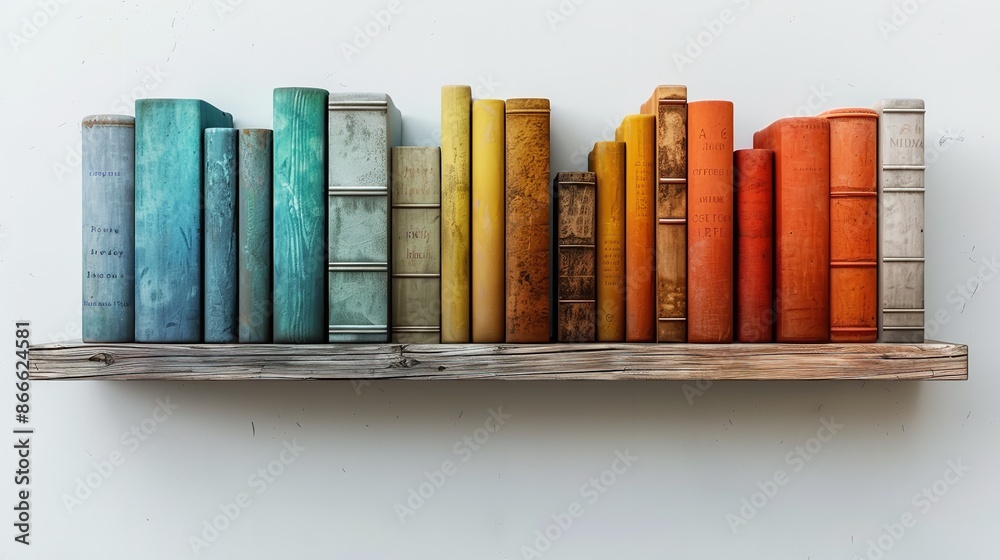Naklejka premium A Row of Colorful Books on a Wooden Shelf Against a...