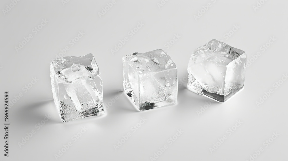 Three perfectly formed ice cubes isolated on a clean white surface, ideal for illustrating cold and refreshing drinks Three perfectly formed ice cubes isolated on a clean white surface, ideal for illustrating cold and refreshing drinks
