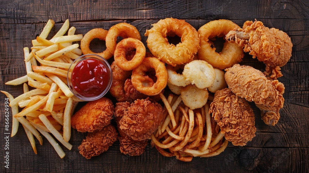 Top view of a mouthwatering assortment of onion rings, french fries, chicken nuggets, and fried chicken, arranged for visual appeal Top view of a mouthwatering assortment of onion rings, french fries, chicken nuggets, and fried chicken, arranged for visual appeal