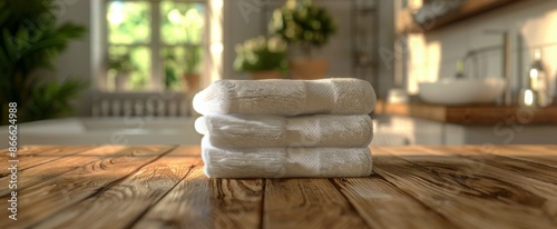 Stacked White Towels on Wooden Table in Bathroom With Window